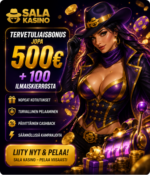 Salakasino rekisteröityminen ja tervetuliaisbonus jopa 500 € + 100 ilmaiskierrosta